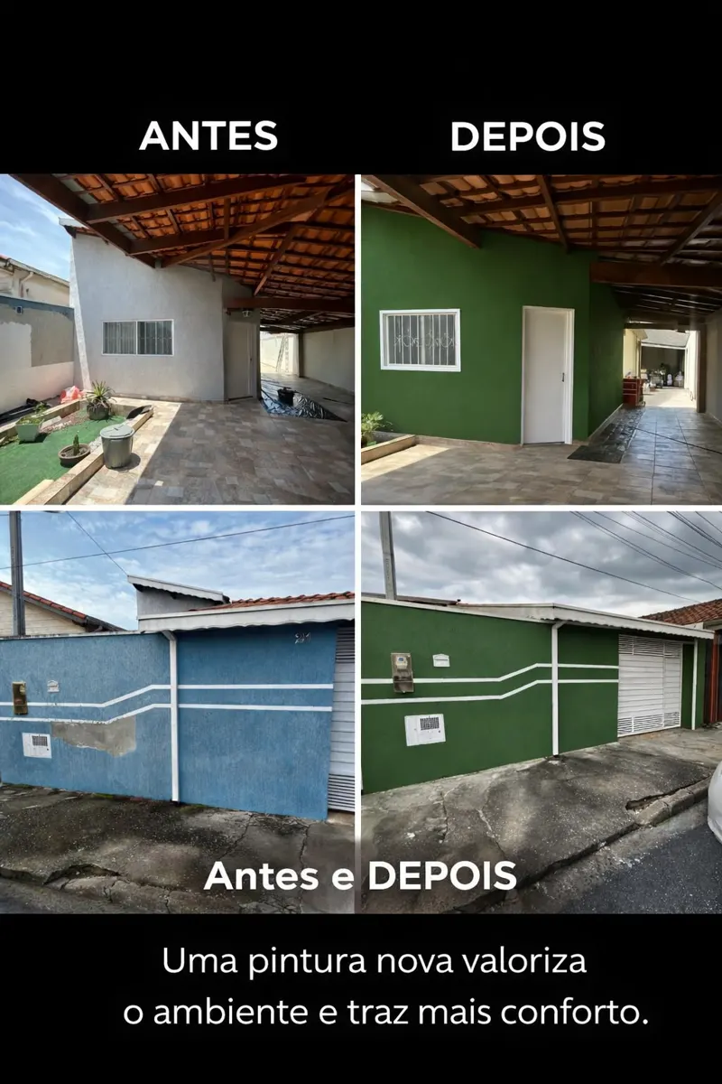 Comparativo antes e depois da pintura externa de uma residência em verde